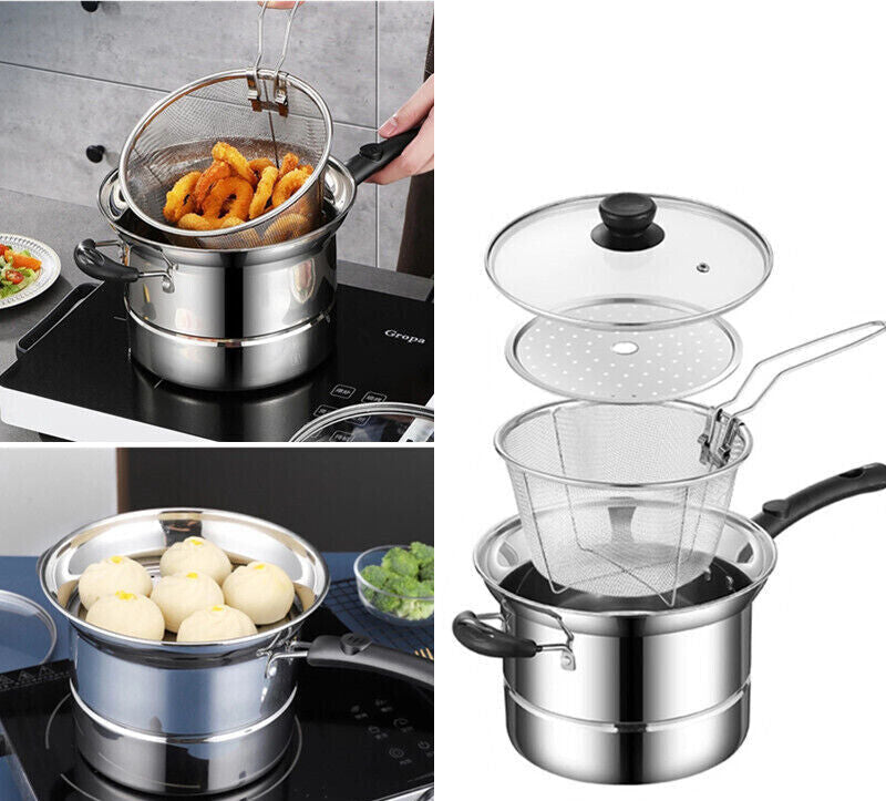4PCS/SET STAINLESS STEEL CHIP PAN CHIPPAN FRYER POT with LID & BASKET