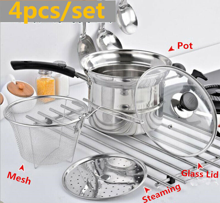 4PCS/SET STAINLESS STEEL CHIP PAN CHIPPAN FRYER POT with LID & BASKET