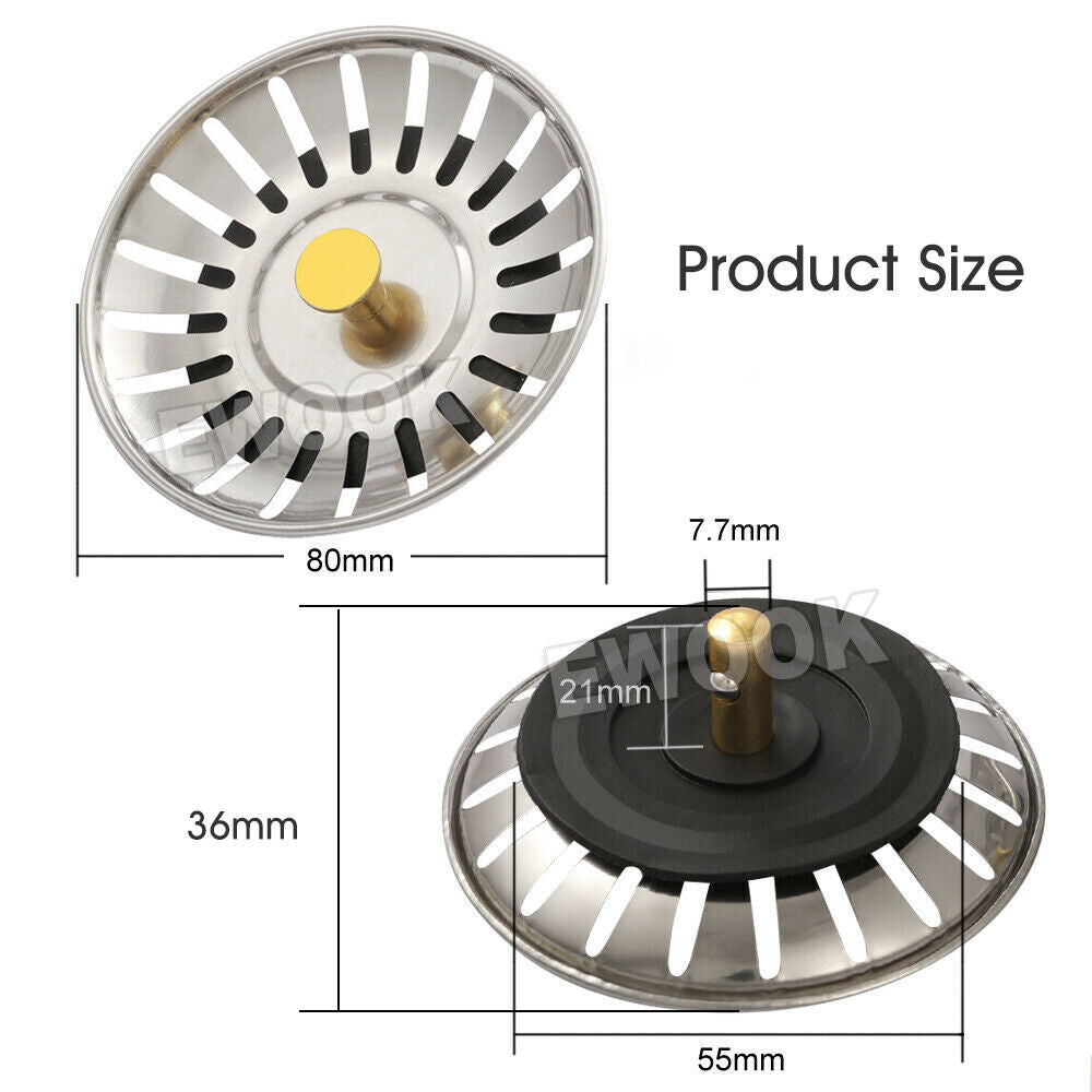 2X High Quality Stainless Steel Kitchen Waste Sink Drain Strainer Plug Stopper