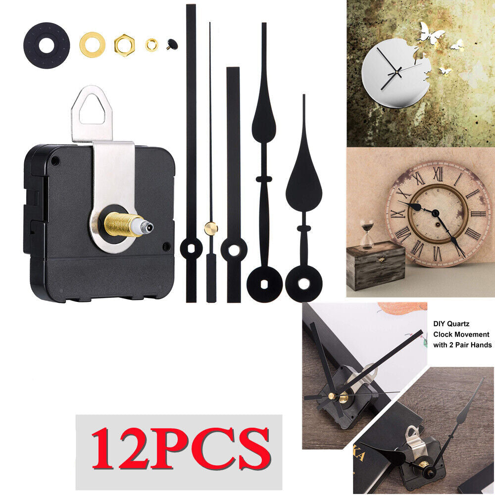 12Pcs Wall Clock Quartz Movement Motor Mechanism Long Spindle Hands Repair Kit