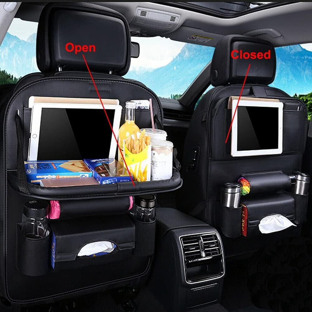 PU Leather Car Seat Back Organiser Storage Bag Foldable Table Tray Cup Holder