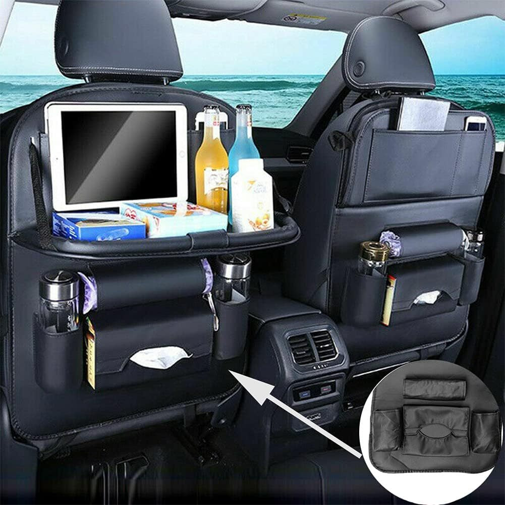PU Leather Car Seat Back Organiser Storage Bag Foldable Table Tray Cup Holder