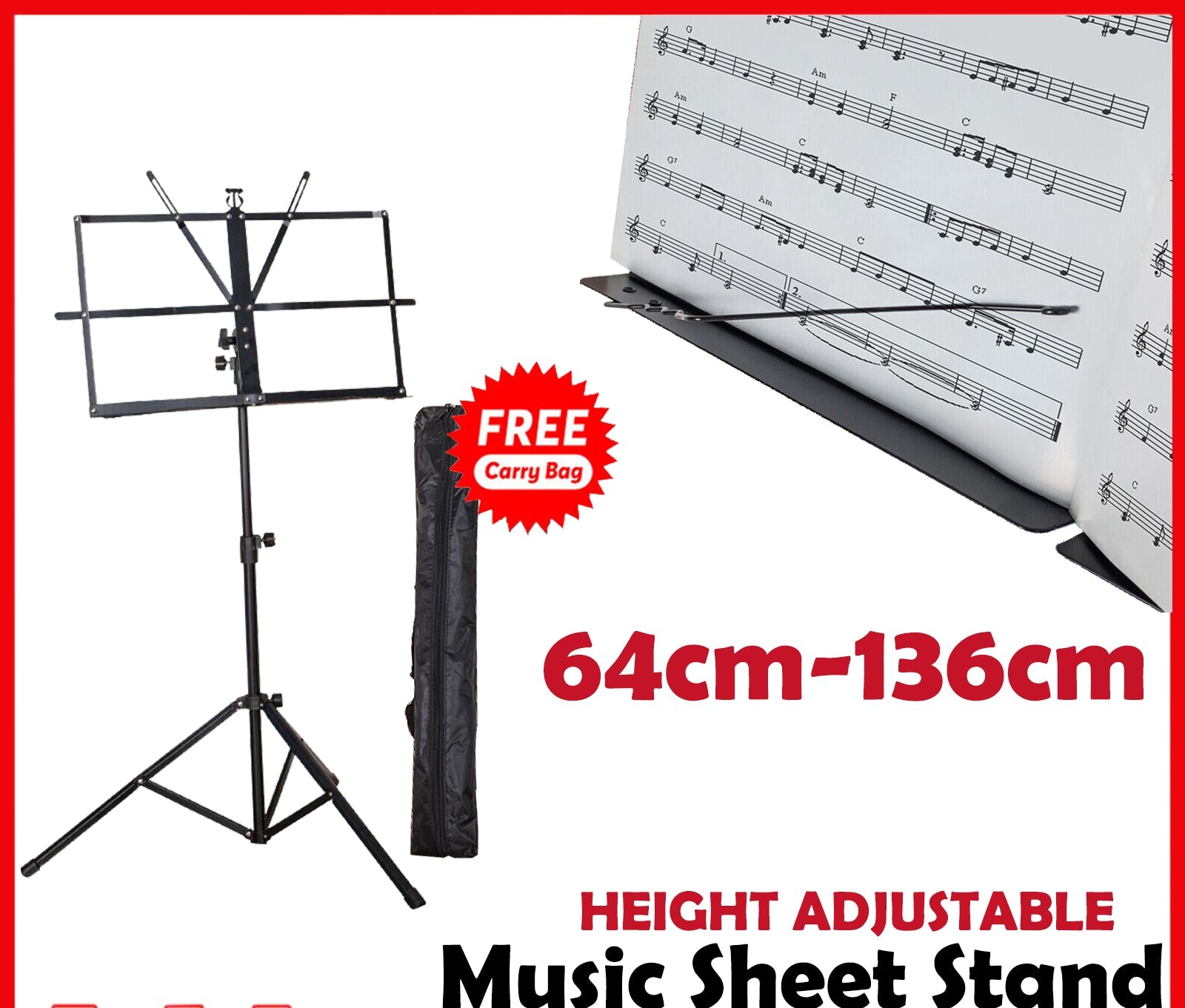 New PRO Folding Adjustable Music Sheet Stand Holder Black Portable + Carry Bag