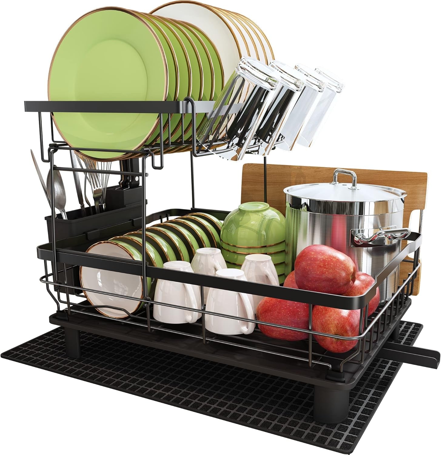 Dish Drying Rack for Kitchen Counter, 2 Tier Dish Racks with Drainboard Set