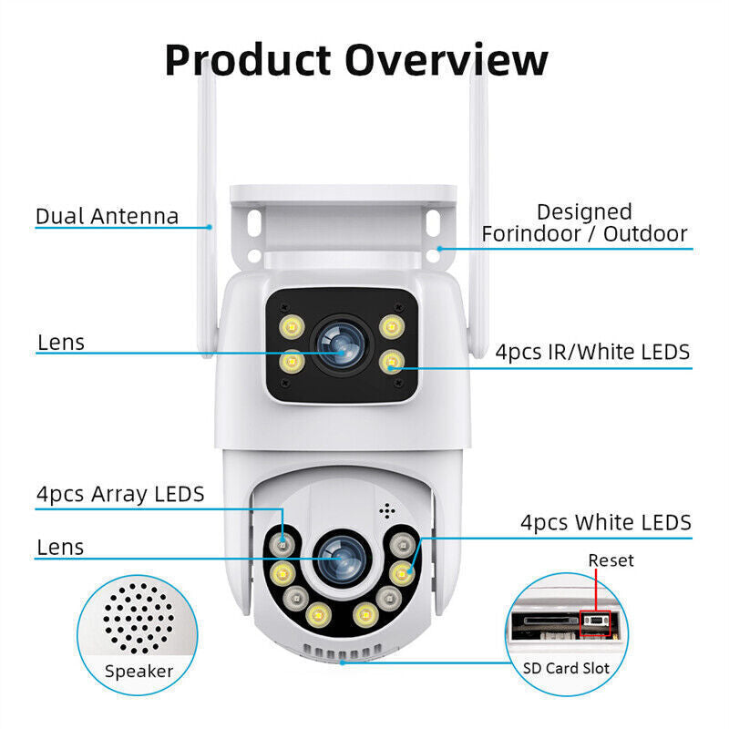 Dual Lens Wifi IP Camera Wireless Outdoor CCTV PTZ Home Security IR Cam