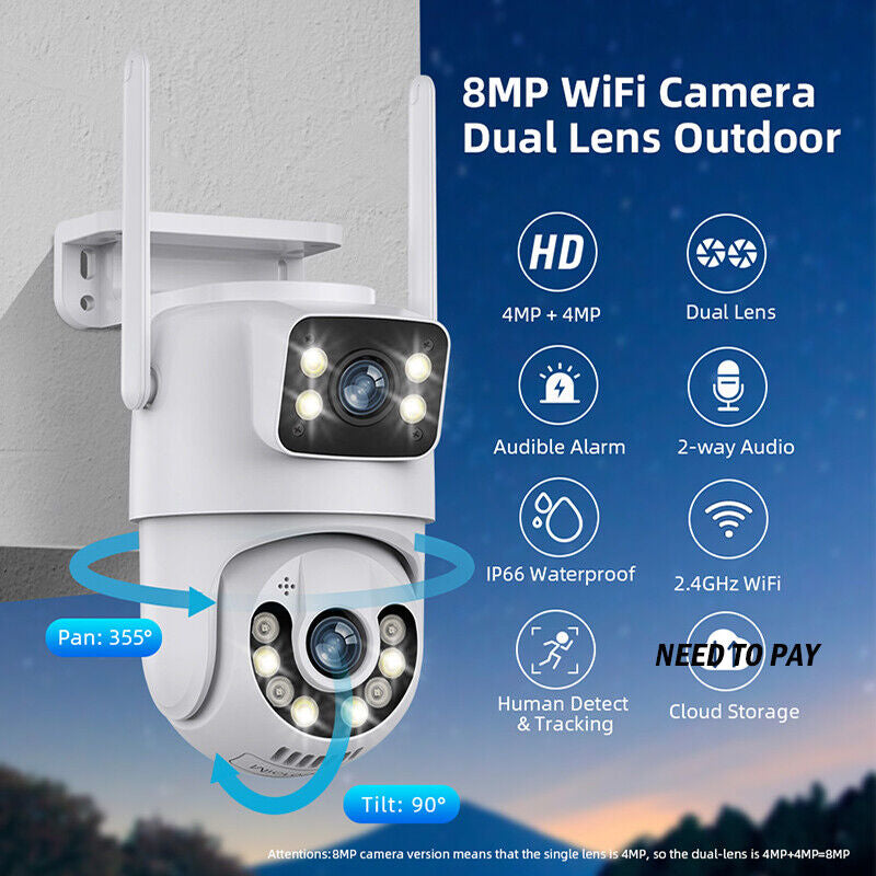 Dual Lens Wifi IP Camera Wireless Outdoor CCTV PTZ Home Security IR Cam