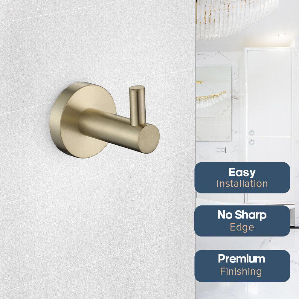 Brushed Gold Set Toilet Paper Holder Robe Hooks Towel Rail Rack Shelf Bathroom