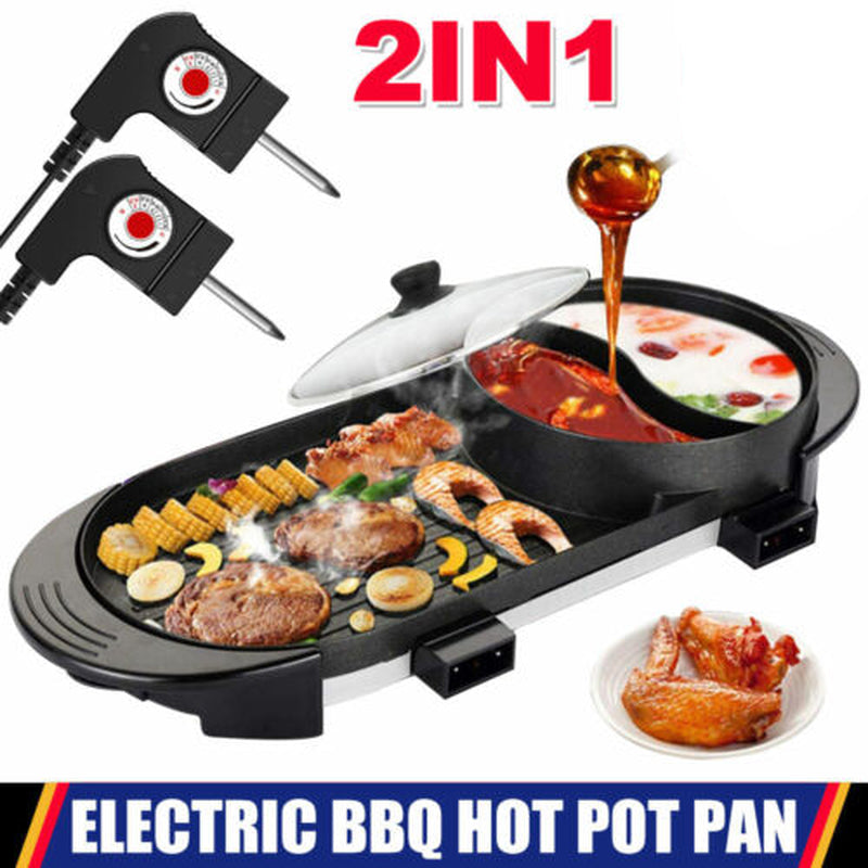 Electric 2 in 1 Hot Pot BBQ Oven Smokeless Barbecue Pan Grill Hotpot Machine AU
