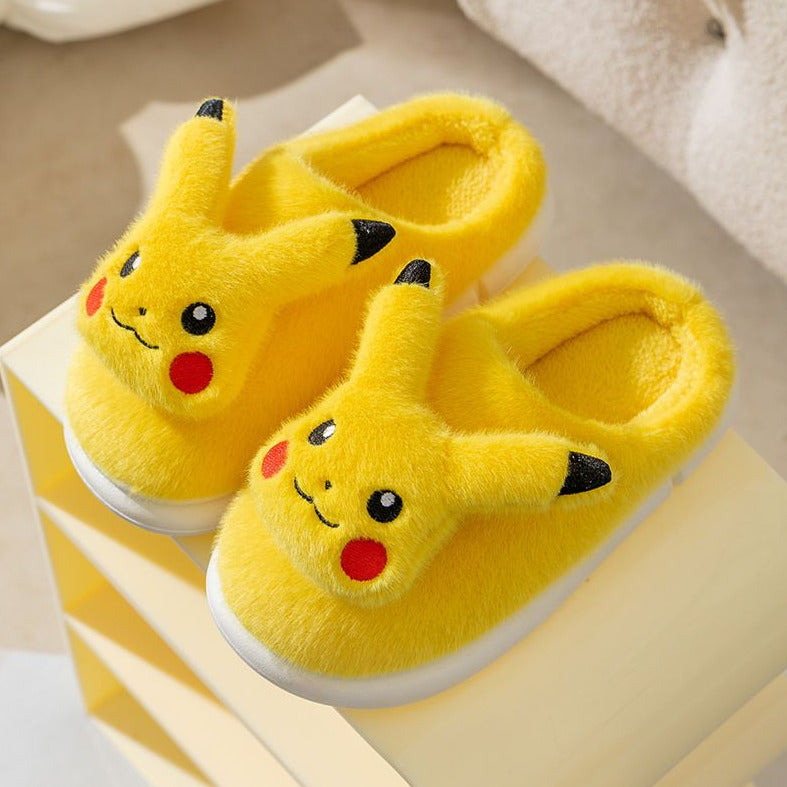 Cute Pokemon Pikachu Winter Plush Anti-Slip Slippers Shoes Creative Character Cartoon Cotton Fur Slides Indoor Warm Adults Slipper