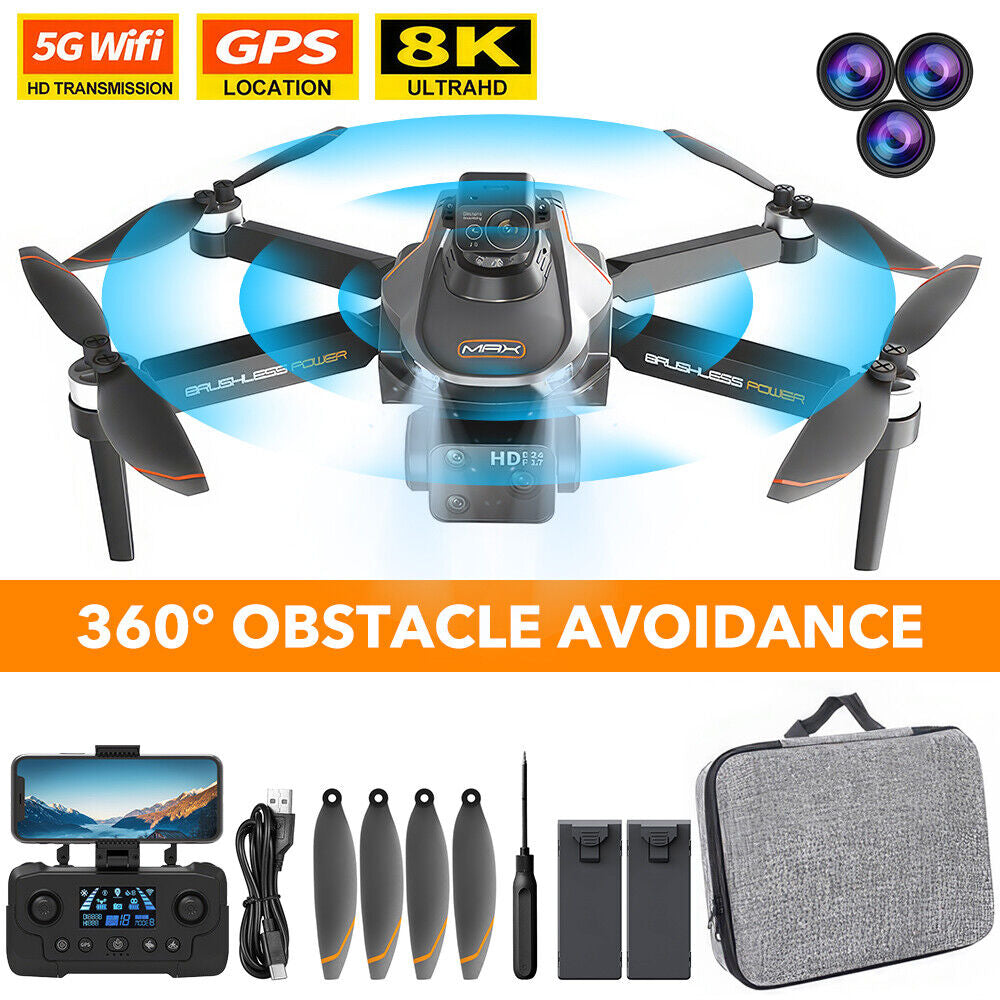 8K Wifi Brushless Drone with HD Triple Camera Foldable GPS 5G RC Quadcopter Toys