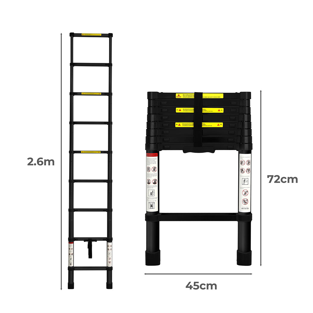 Traderight Multipurpose Aluminium Ladder Telescopic 2.6M Black 2.6 Meter-1973193881751261186