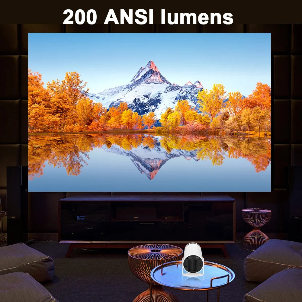 Mini 4K DH Portable Wireless Projector Companion for Home Theater Presentations and Outdoor Cinema, HY300, Android 11.0, 720P, 1080P, 4K, 200ANSI, BT5.0, Adjustable Projection Angle