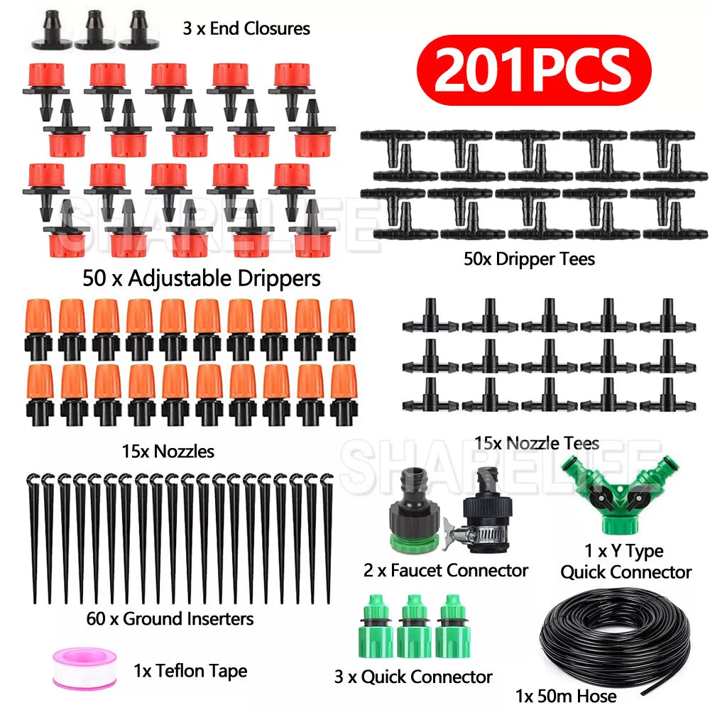 201/202PCS 50M Hose Garden Irrigation System Plant Watering Micro Drip Kit Timer