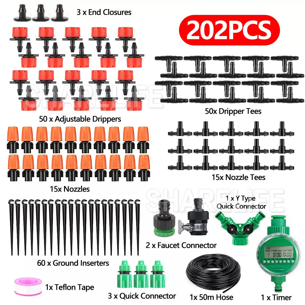 201/202PCS 50M Hose Garden Irrigation System Plant Watering Micro Drip Kit Timer