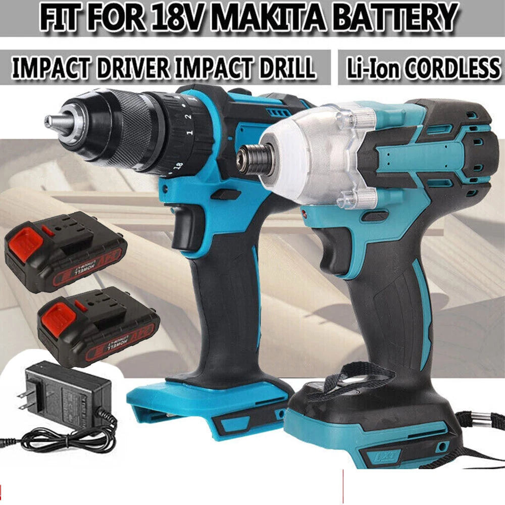 Cordless 1/2'' Wrench Hammer Drill - 1/4'' Impact Driver Suit Makita 18V Battery