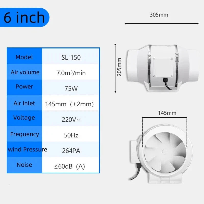 4" 6" 8“ Silent Inline Fan Extractor Duct Hydroponic Exhaust Industrial Vent Kit