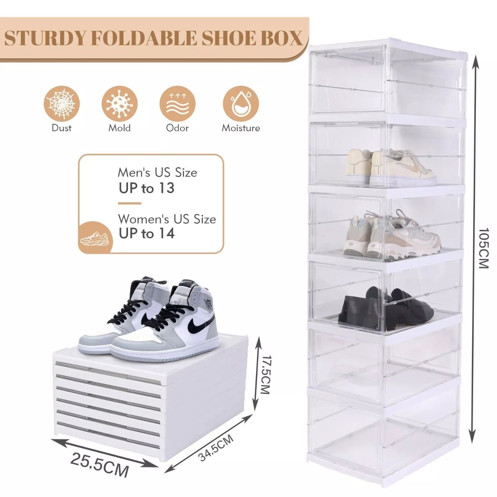 Shoe Box Storage Case Clear Boxes Foldable Stackable Transparent Organizer