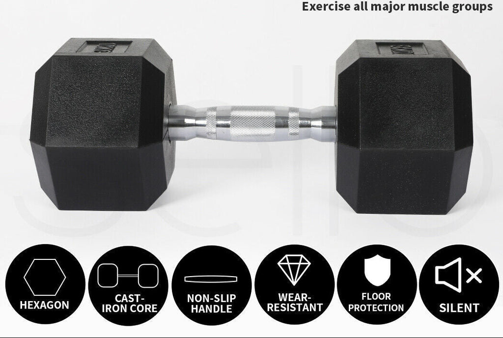 1KG to 40KG Rubber Hex Dumbbell Fitness Home Gym Exercise Strength Weight