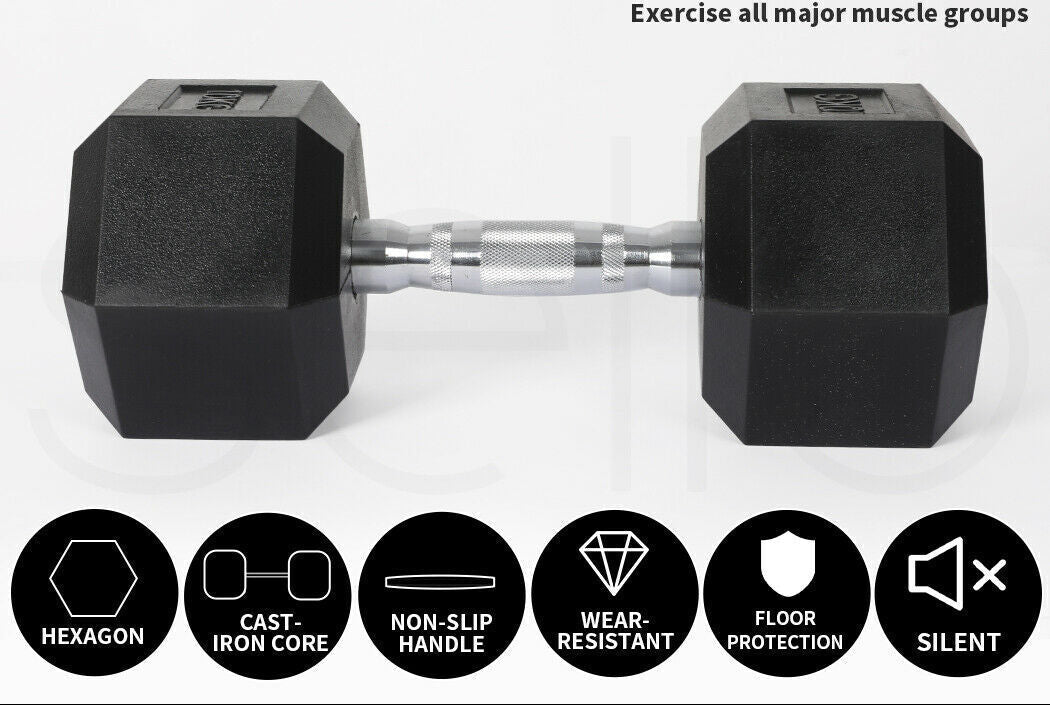1KG to 40KG Rubber Hex Dumbbell Fitness Home Gym Exercise Strength Weight