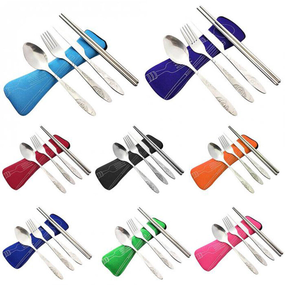 5Pcs Cutlery Travel Knife Fork Portable Bag Stainless Steel Spoon Chopstick Set