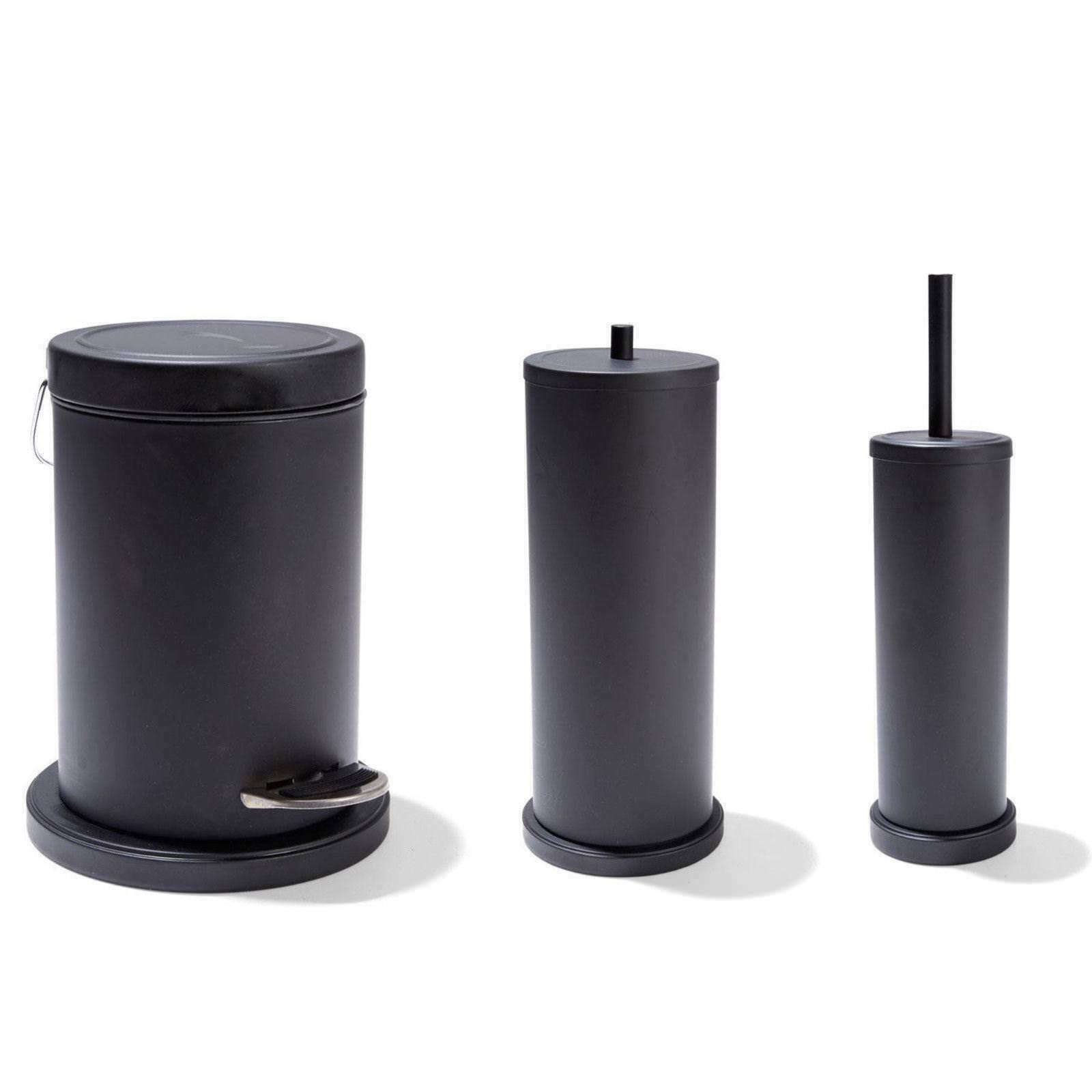 3Pce Black Bathroom  Rubbish Bin Toilet Brush Toilet Roll Holder Accessories Set