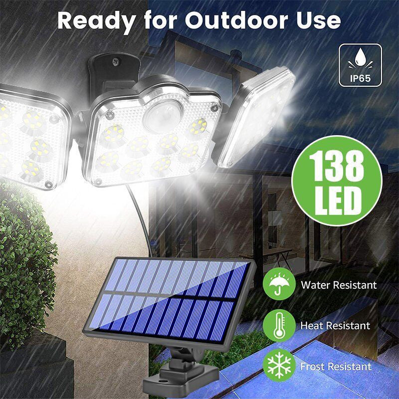 138 LED 3 Head Solar Motion Sensor Light Outdoor Garden Wall Security Flood Lamp