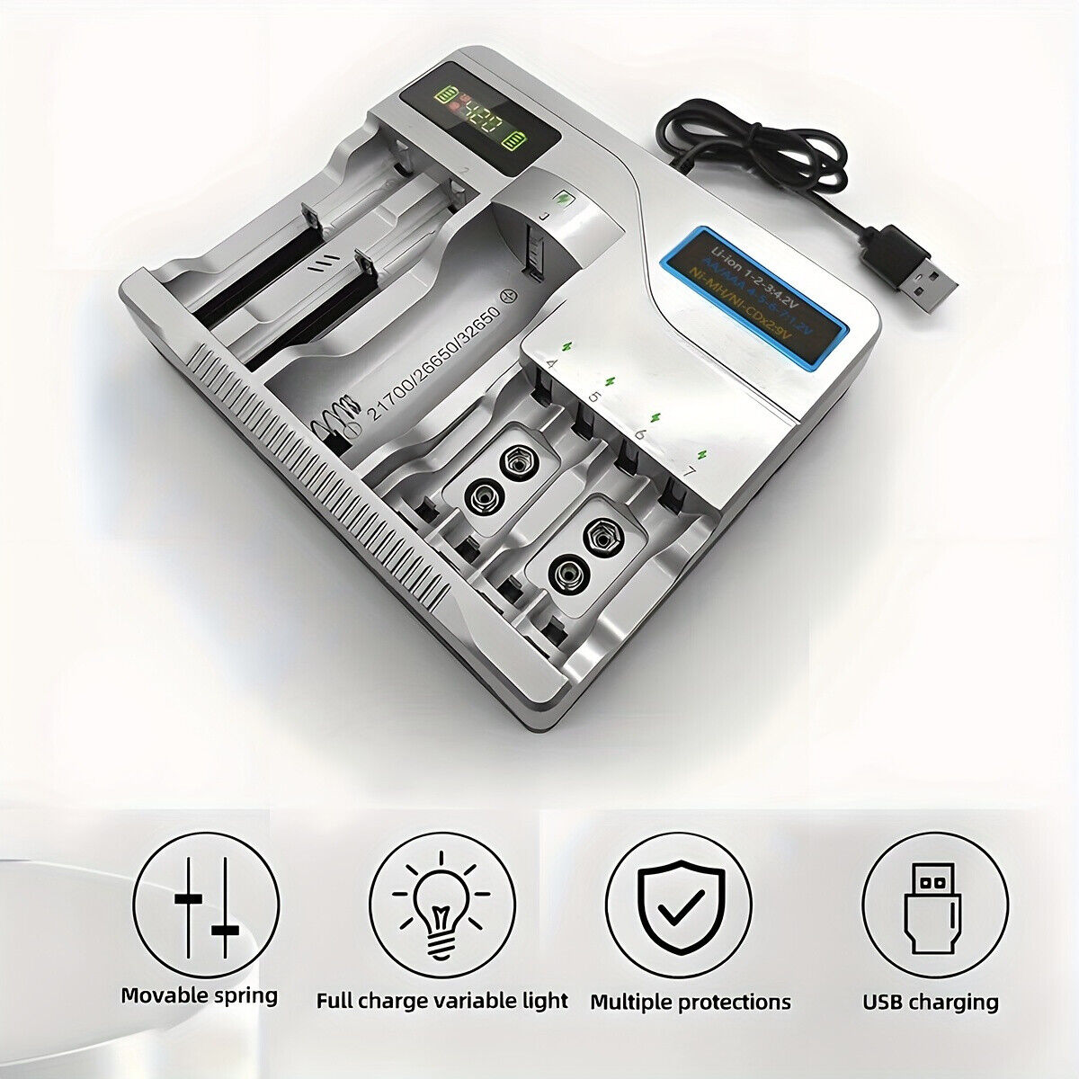 Multi Slots Smart Battery Charger for AA AAA 2A Size Rechargeable Batteries USB