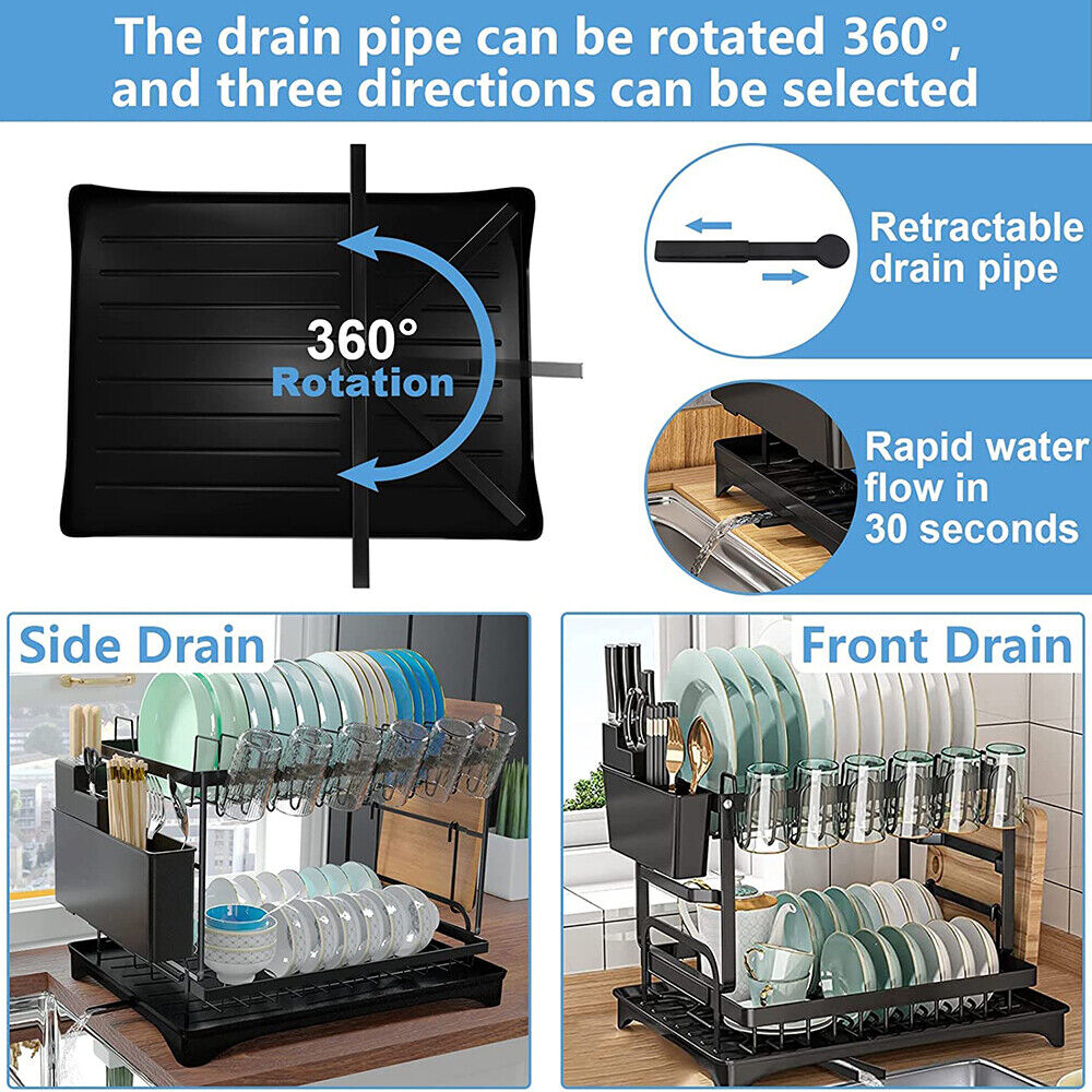 2tier Kitchen Cutlery Organizer Storage Dish Rack Drying Drainer Tray Cup Holder
