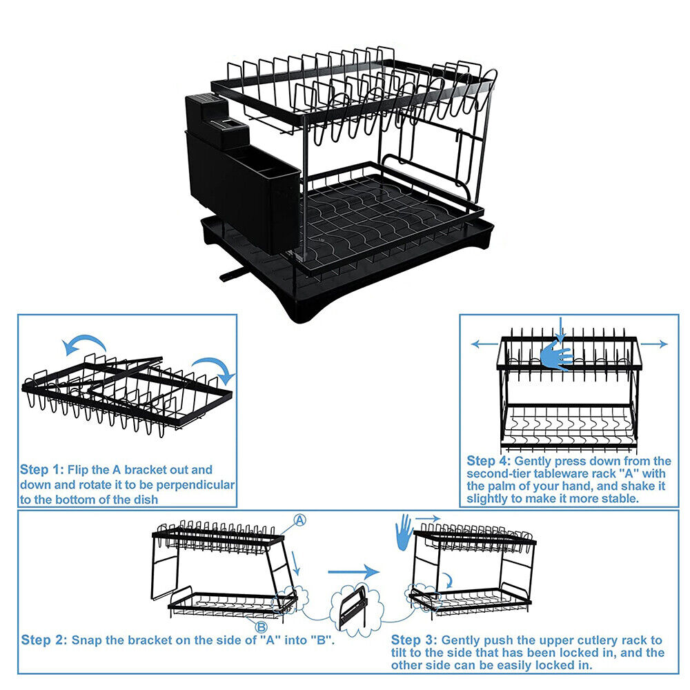 2tier Kitchen Cutlery Organizer Storage Dish Rack Drying Drainer Tray Cup Holder