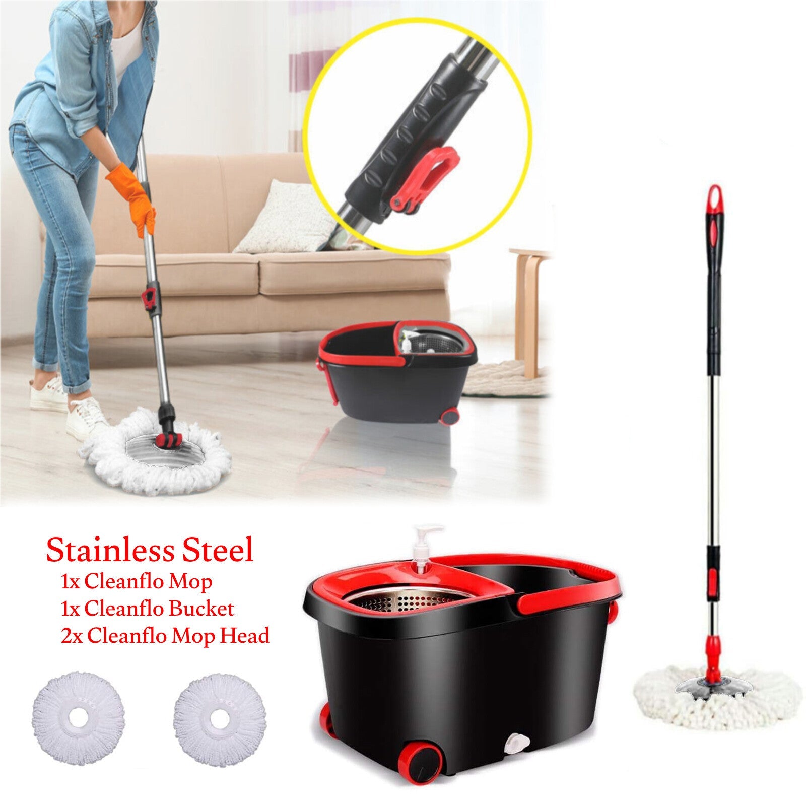 Spinning Mop Bucket Set Stainless Steel Rotating Wet Dry Easy Clean w/ 2 Heads