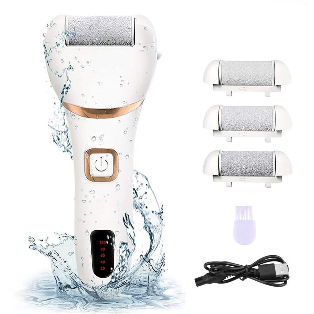 Electric Rechargeable Pedicure Foot Grinder Tool Professional Callus And Dead Hard Skin Remover multipurpose Foot File Shaver Powerful And Waterproof With 2 Speeds adjustment Option Includes 3 Replacement Roller Heads And Battery Display