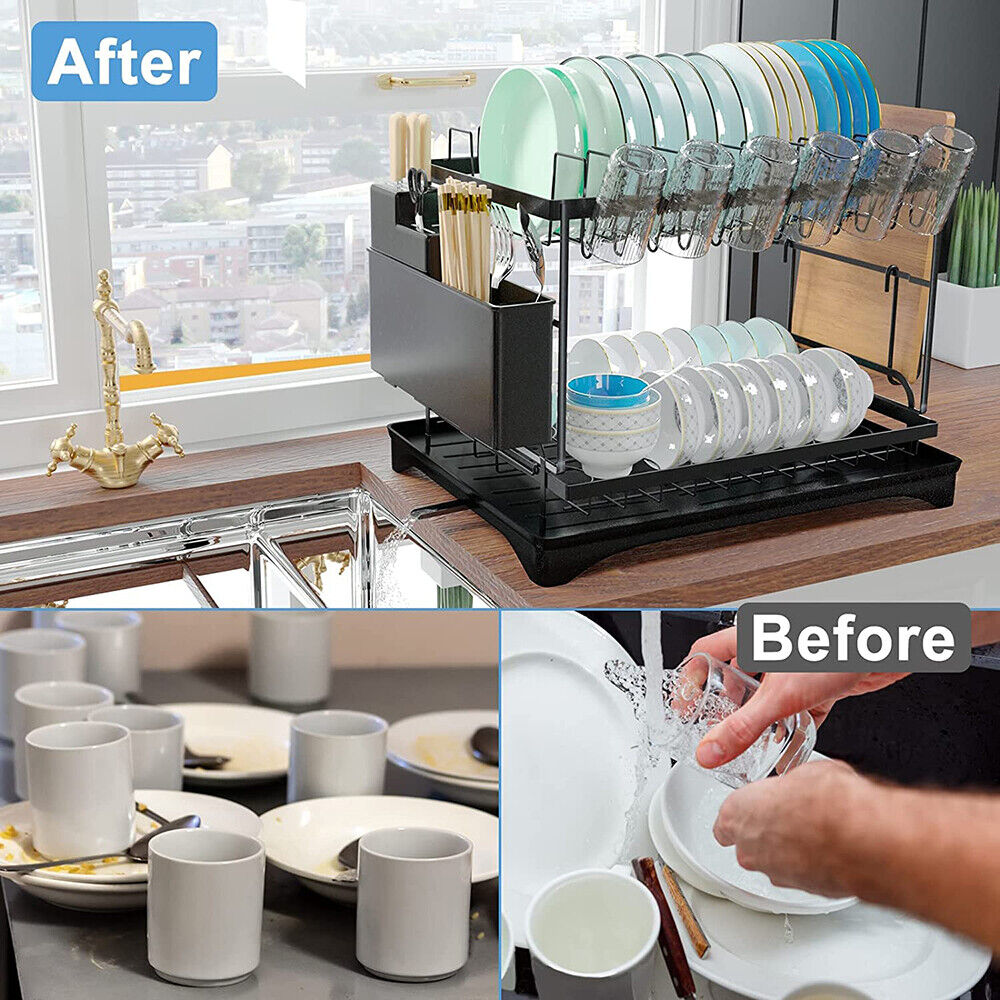 2tier Kitchen Cutlery Organizer Storage Dish Rack Drying Drainer Tray Cup Holder