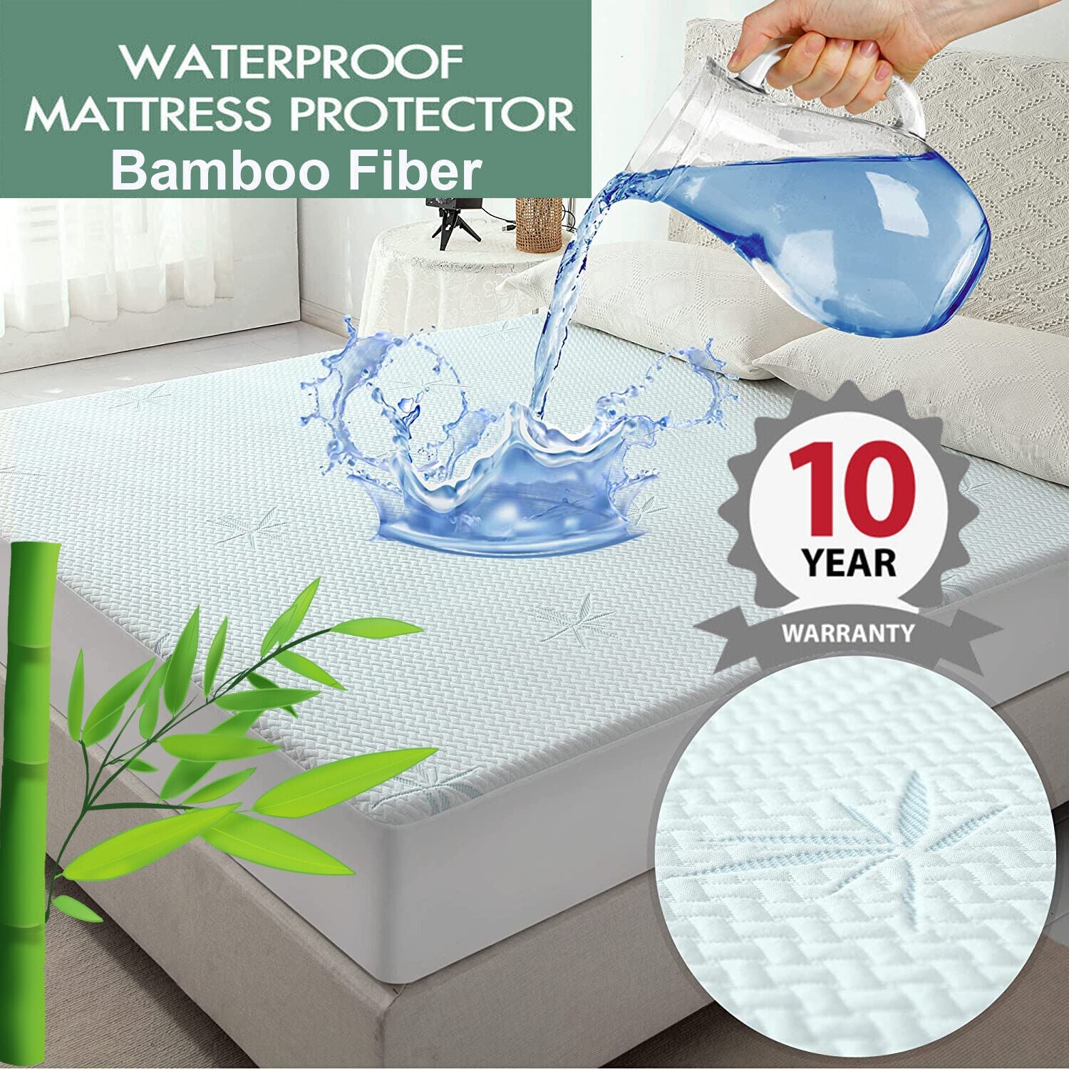 Cooling Bamboo Mattress Protector Waterproof Fitted Cover Double Queen King Bed