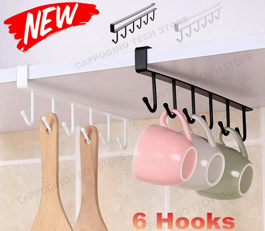 1-4X 6 Hooks Metal under Shelf Hook Kitchen Cupboard Cabinet Mug Cup Rack Holder