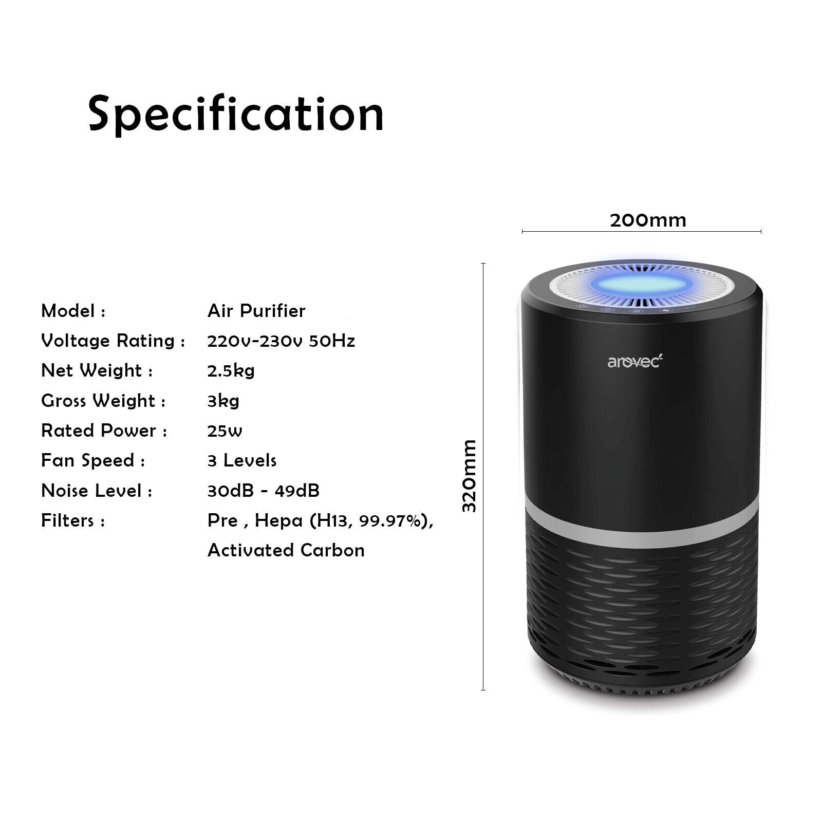 Arovec Air Purifier Intuitive Control Carbon HEPA Filter Best Home Cleaner Smoke Dust Allergens