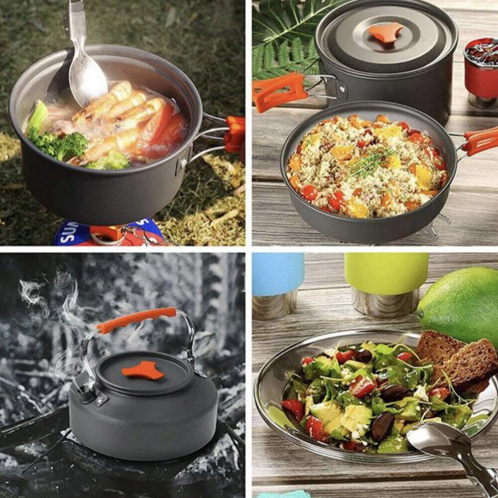 8PCS Camping Cookware Set Cooker Outdoor Hiking Cooking Pan Pot Stove Pinic Kit