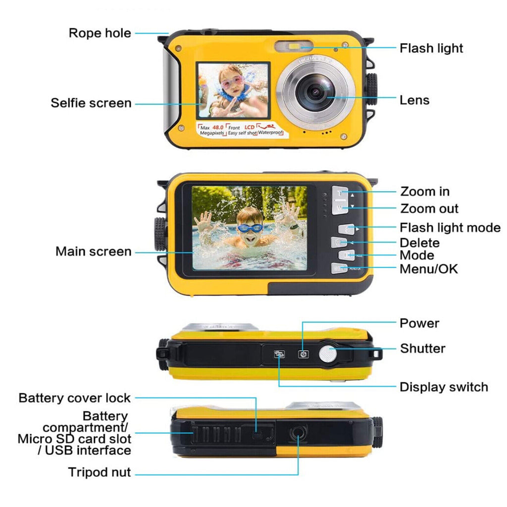 Dual Screens Full HD 2.7K 48MP Digital Camera LCD Displays Underwater Camera