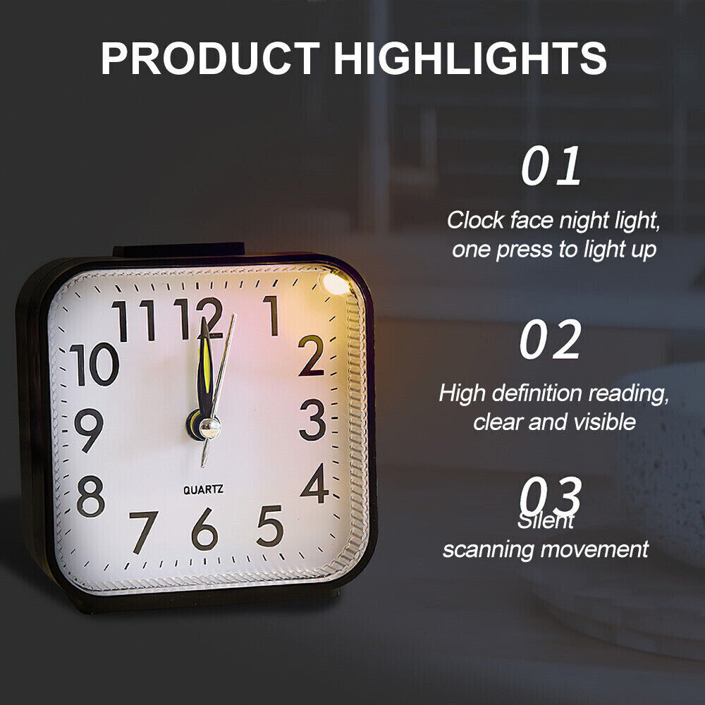 Quartz Alarm Clock with Night Light Notick Quiet Concise Design Snooze Silent Small Bedside Clock