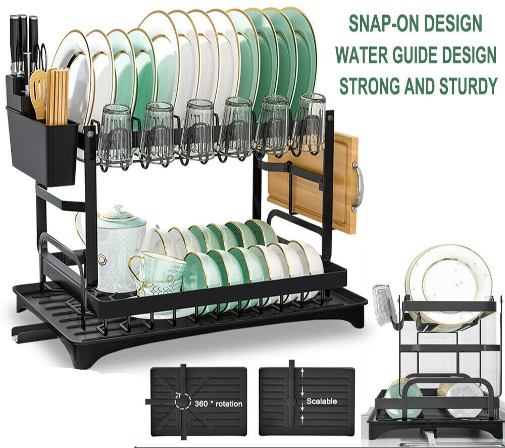 2tier Kitchen Cutlery Organizer Storage Dish Rack Drying Drainer Tray Cup Holder