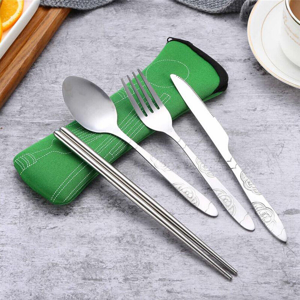 5Pcs Cutlery Travel Knife Fork Portable Bag Stainless Steel Spoon Chopstick Set
