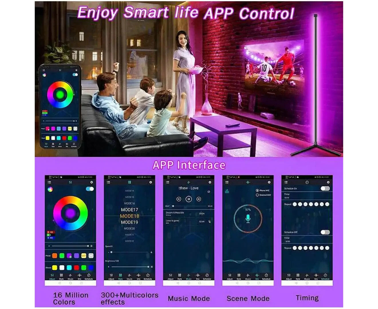 LED Corner Floor Lamp RGB Colour Modern Living Room Light Dimmable Smart Remote