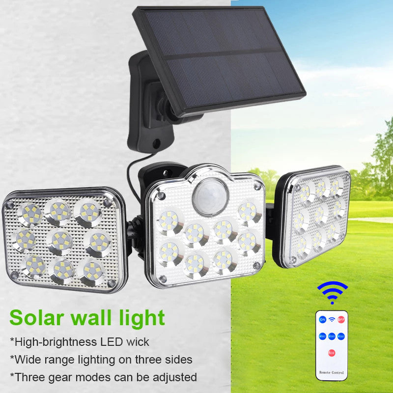 138 LED 3 Head Solar Motion Sensor Light Outdoor Garden Wall Security Flood Lamp