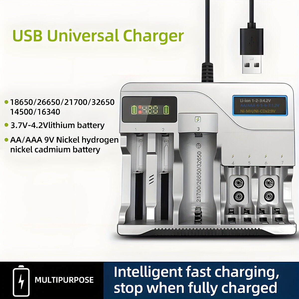 Multi Slots Smart Battery Charger for AA AAA 2A Size Rechargeable Batteries USB