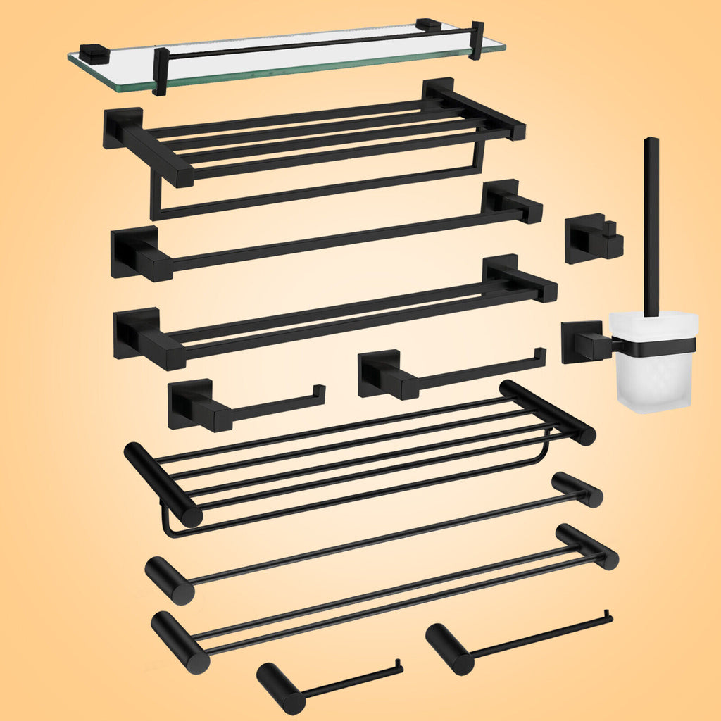 ACA Bath Towel Rail Rack Hook Toilet Brush Paper Holder Accessory Black