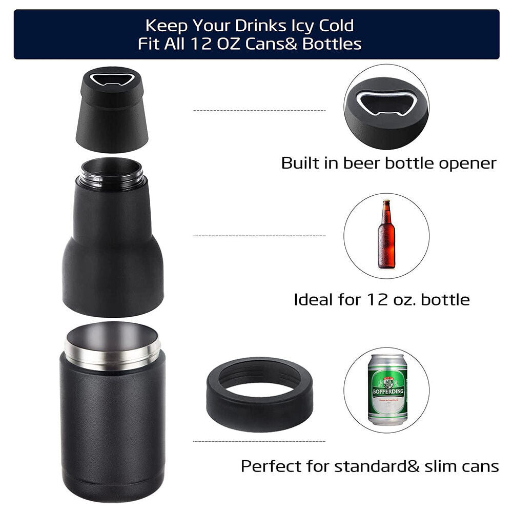 Bottle Can Cooler Vacuum Insulated Beer Cold Keeper W/Canned Opener (Black)