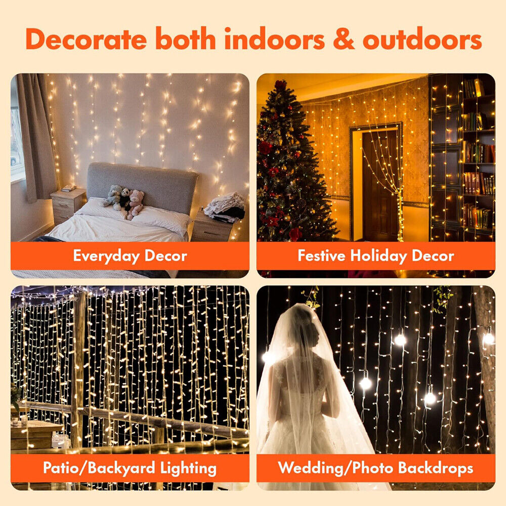 200-600 LED Curtain Light Fairy String Lights Outdoor Wedding Party Romantic