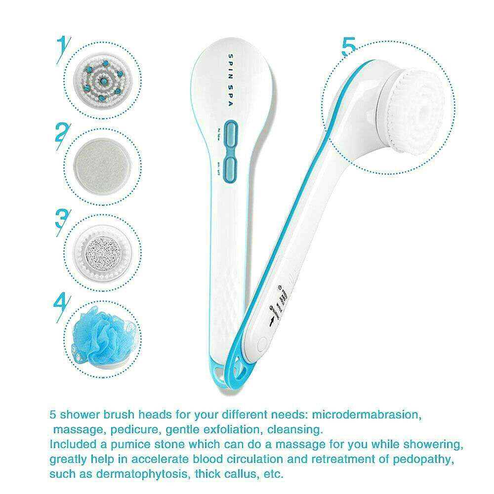 Electric Spinning Spa Brush Handled Body Bath Shower Back Brush with 5 heads AU