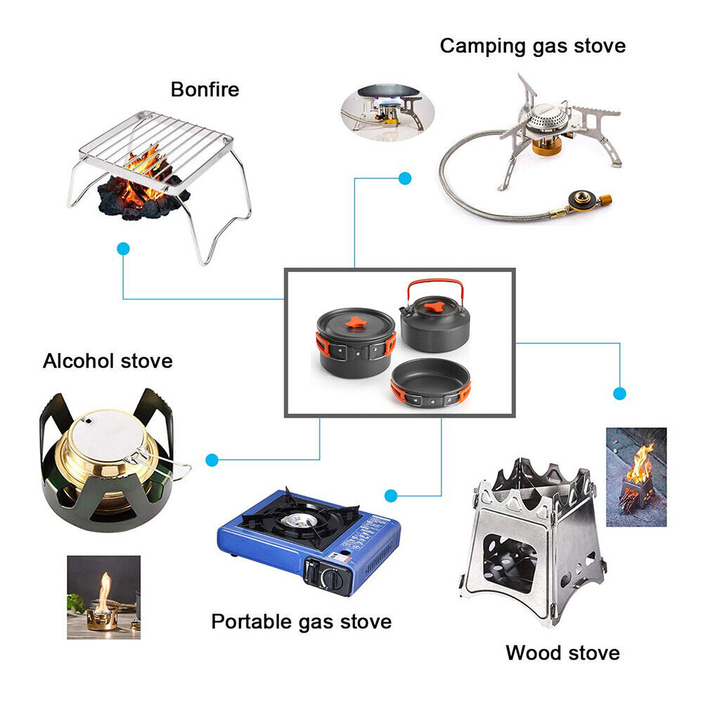 8PCS Camping Cookware Set Cooker Outdoor Hiking Cooking Pan Pot Stove Pinic Kit