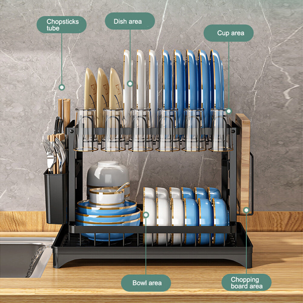 2tier Kitchen Cutlery Organizer Storage Dish Rack Drying Drainer Tray Cup Holder