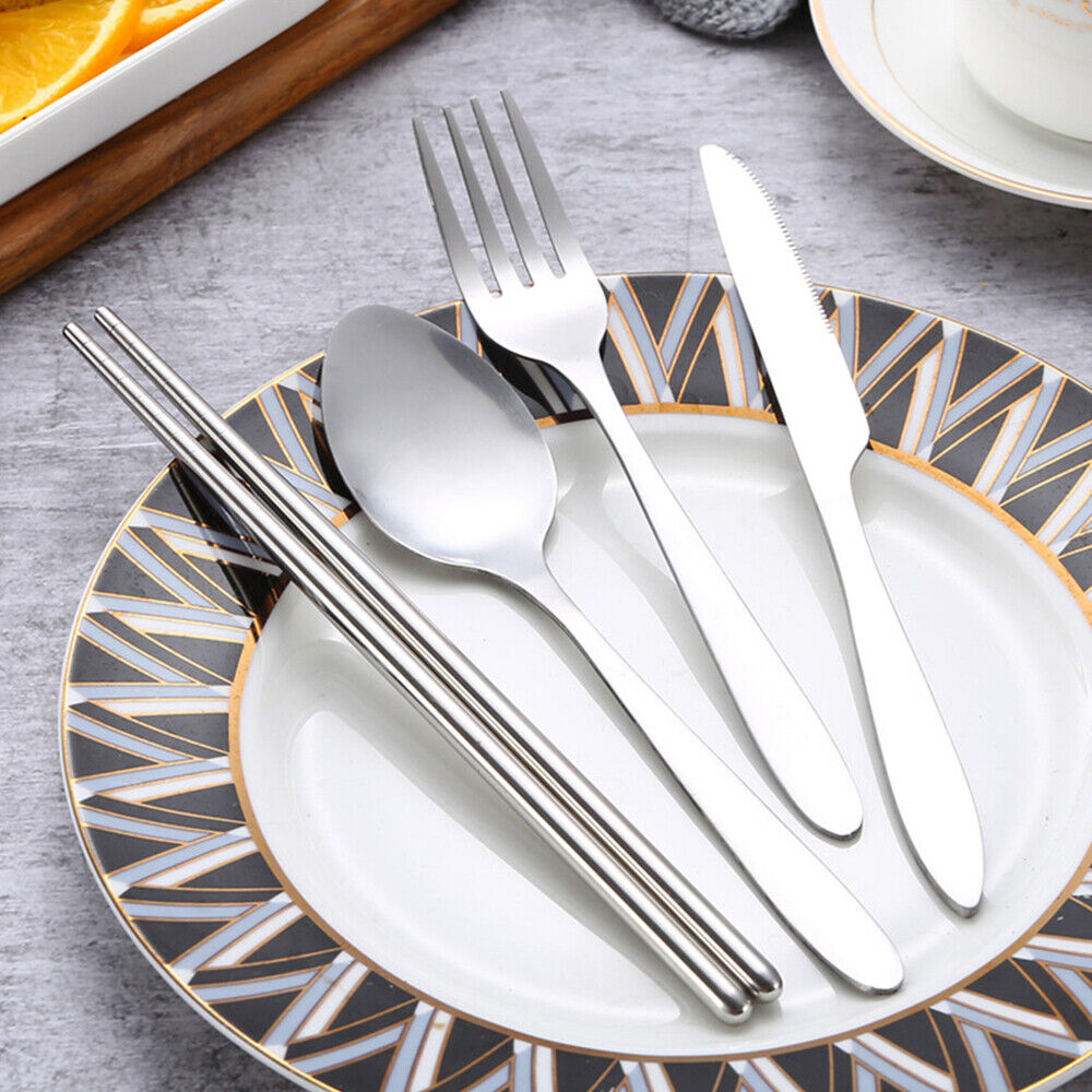 5Pcs Cutlery Travel Knife Fork Portable Bag Stainless Steel Spoon Chopstick Set